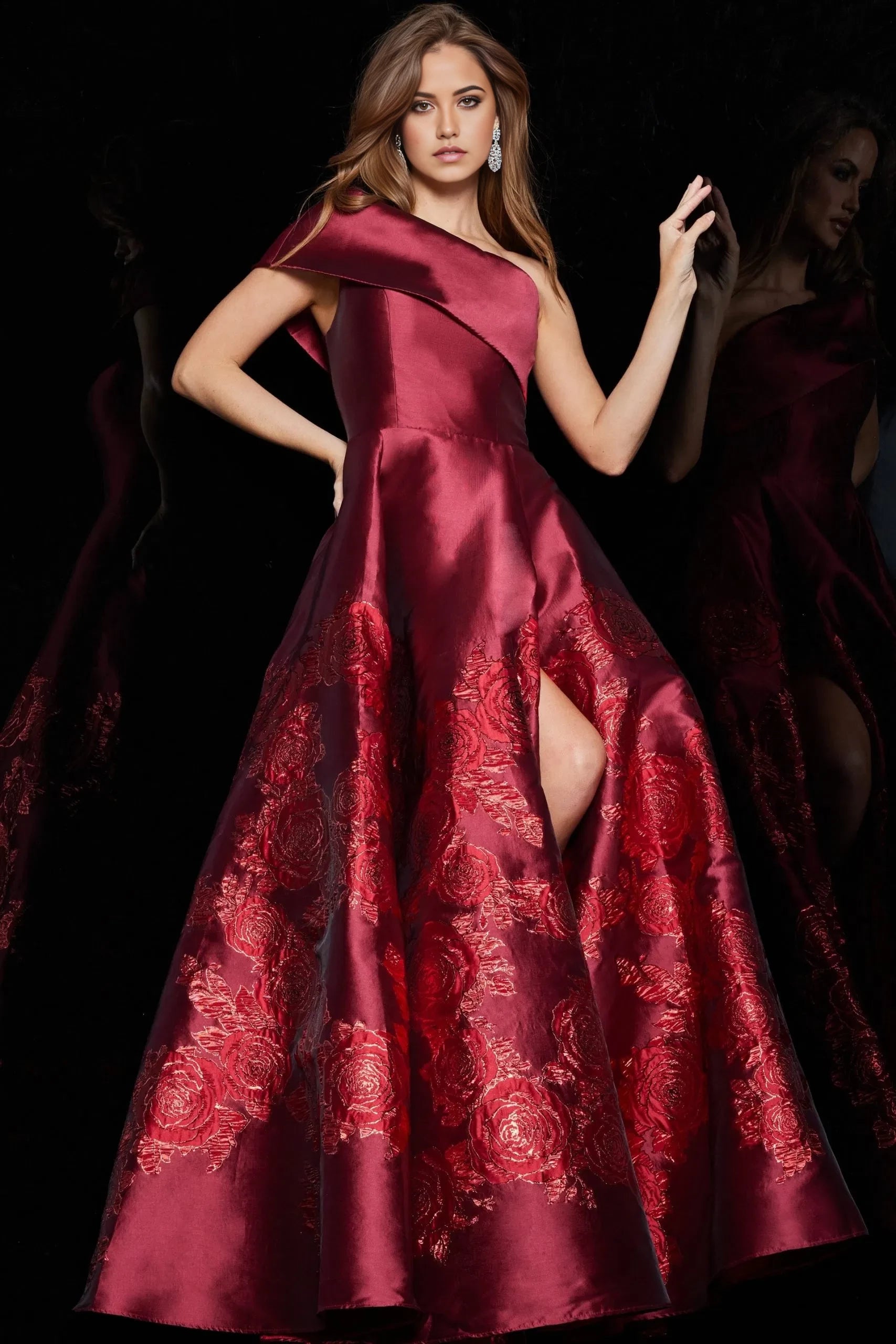 Glamorous A-Line One-Shoulder Brocade Floral High-Slit Long Length Evening Dresses
