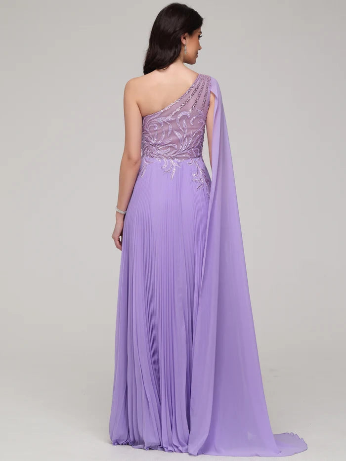 Glamorous A - Line One - Shoulder Cape Sleeve Zipper Back Long Length Prom Dresses