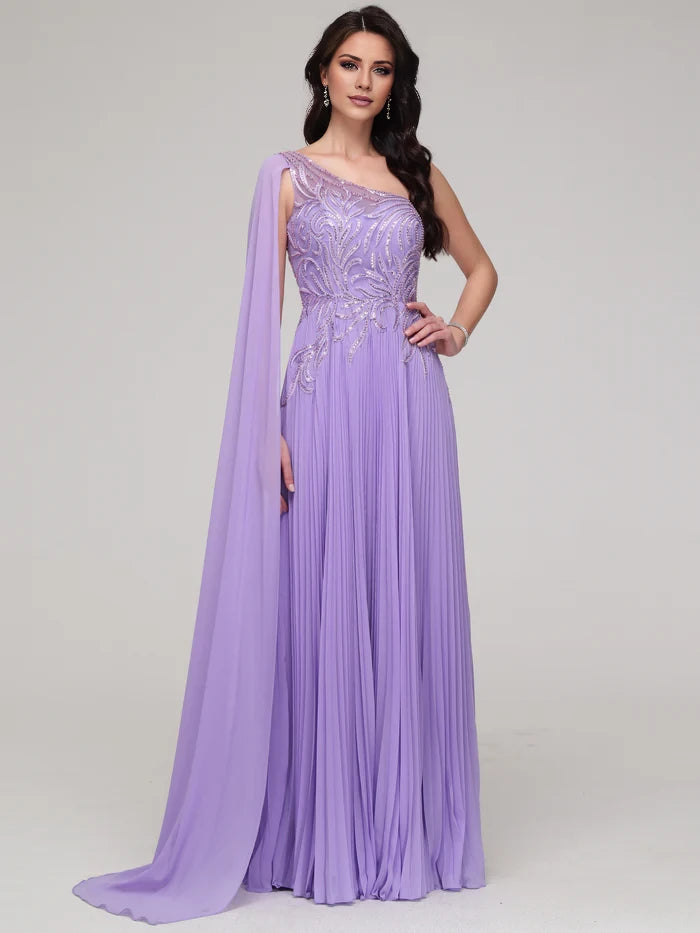 Glamorous A - Line One - Shoulder Cape Sleeve Zipper Back Long Length Prom Dresses