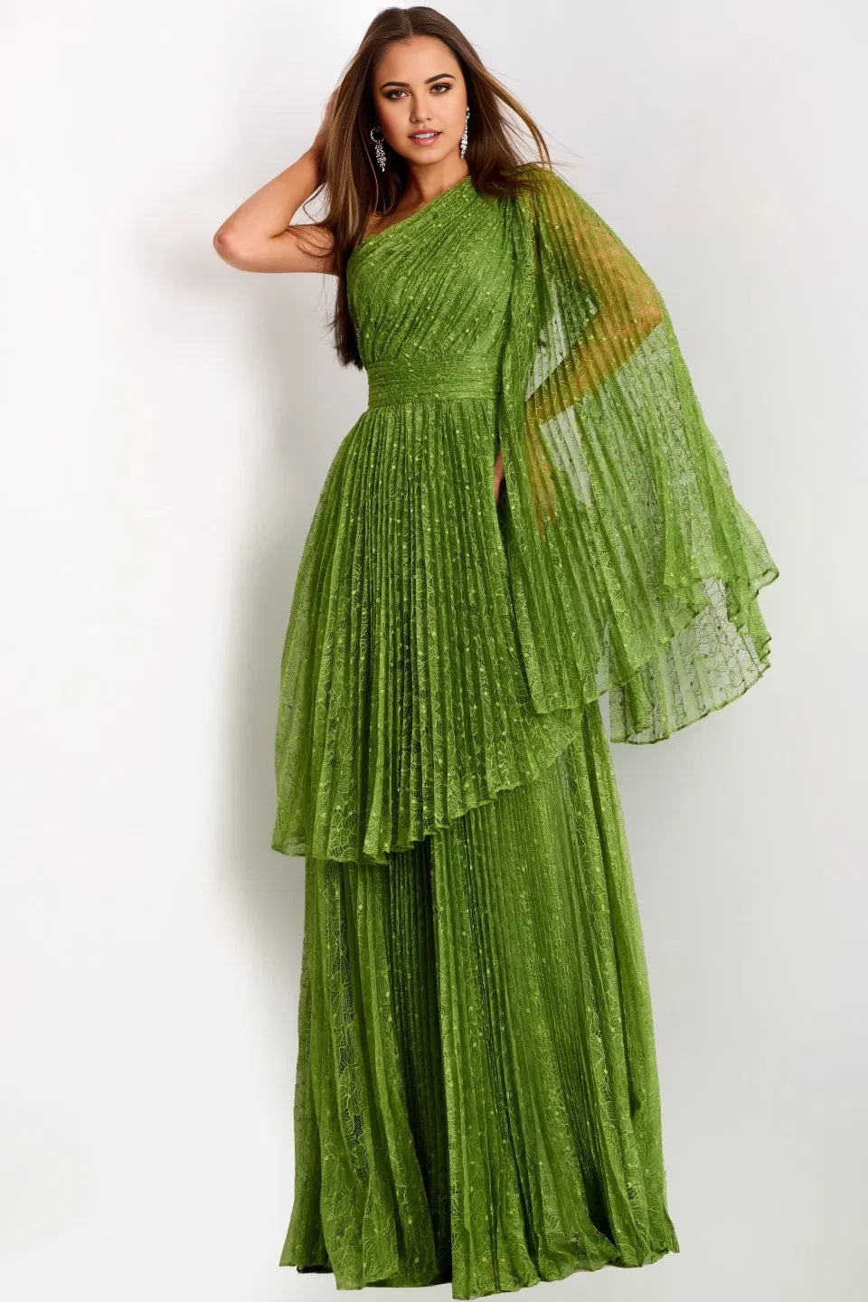 Glamorous A-Line One-Shoulder Dramatic-Cape-Sleeve Long Length Evening Dresses