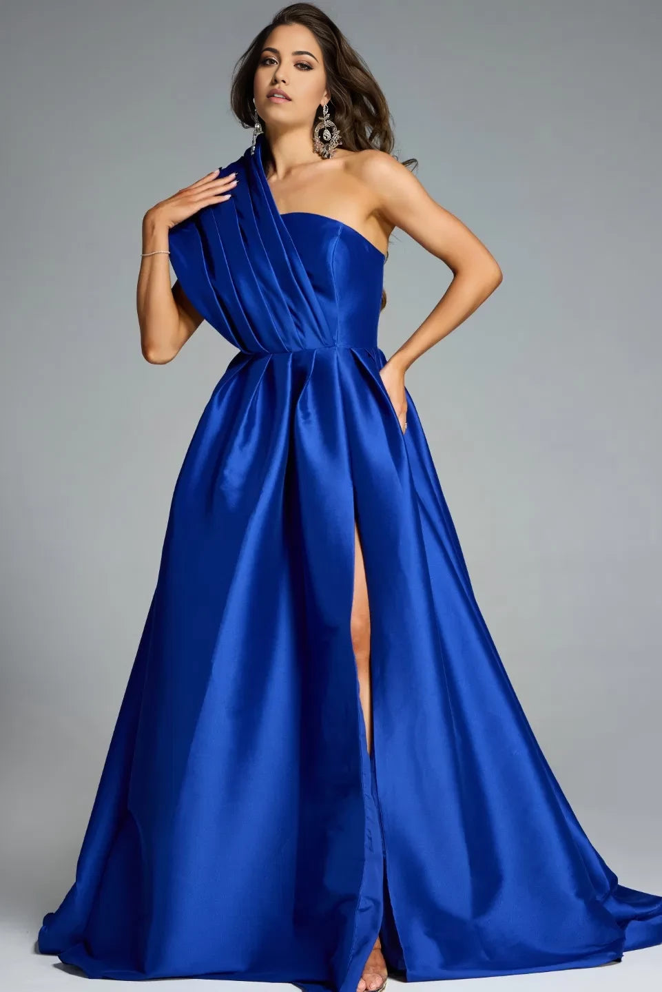 Glamorous A-Line One-Shoulder Draped-Satin High-Slit Long Length Evening Dresses