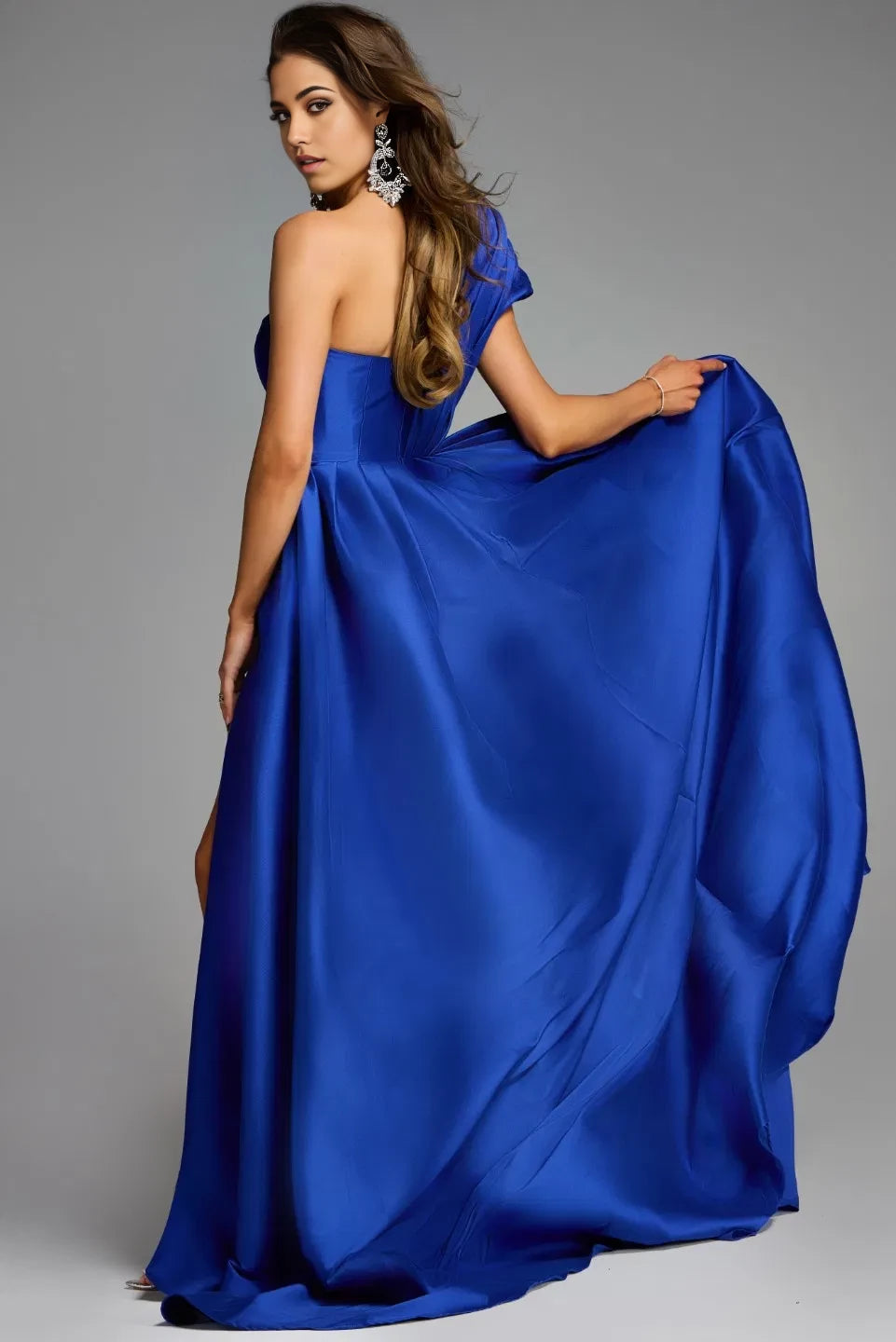 Glamorous A-Line One-Shoulder Draped-Satin High-Slit Long Length Evening Dresses