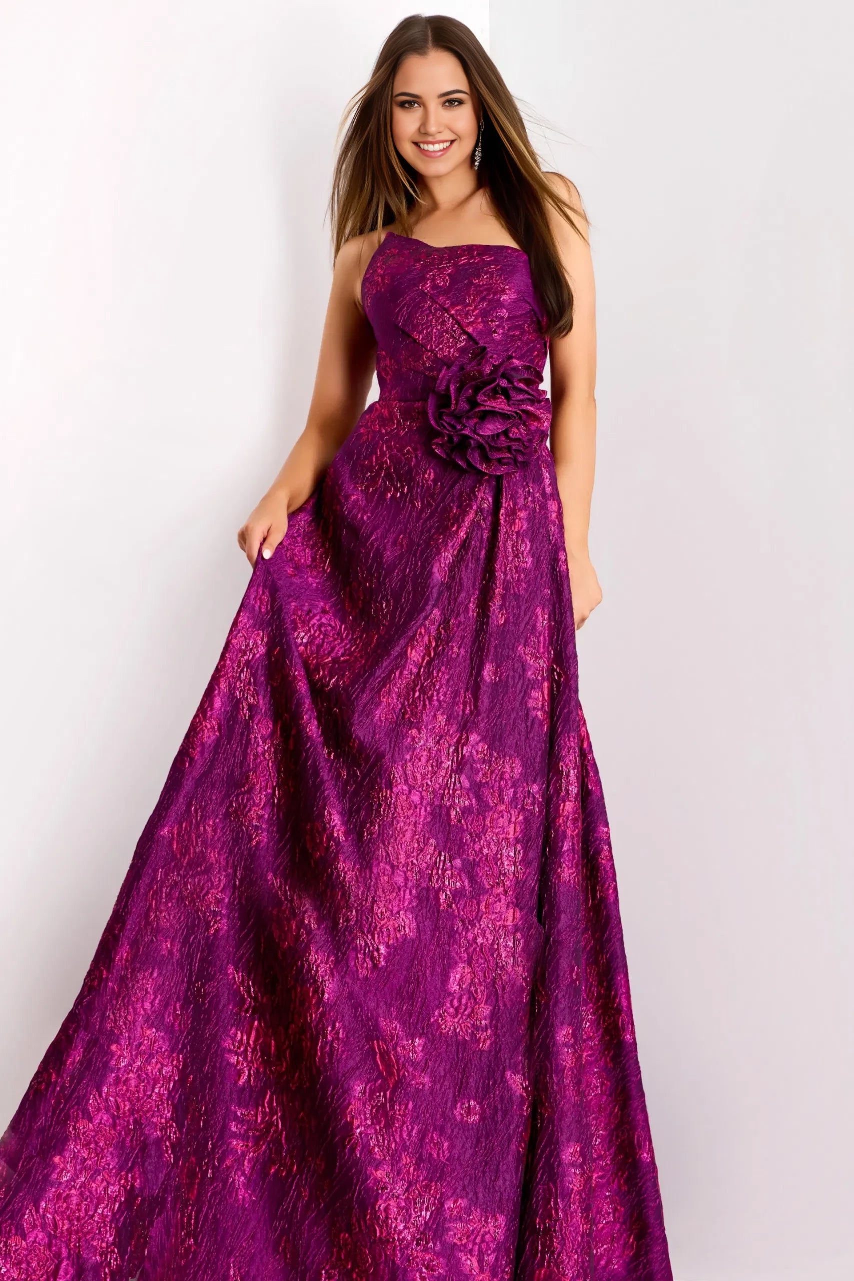 Glamorous A-Line One-Shoulder Floral-Accent Metallic-Pattern Long Length Evening Dresses