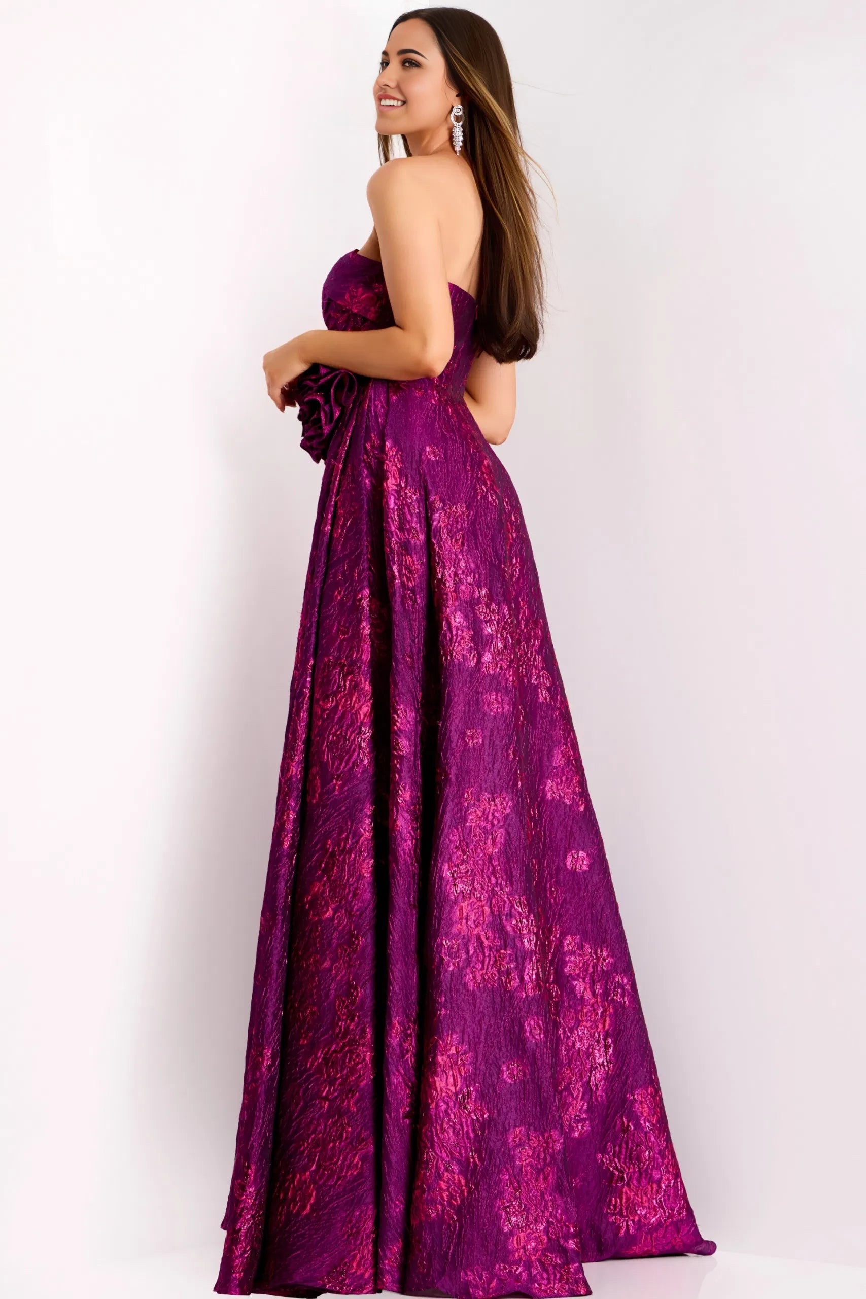 Glamorous A-Line One-Shoulder Floral-Accent Metallic-Pattern Long Length Evening Dresses