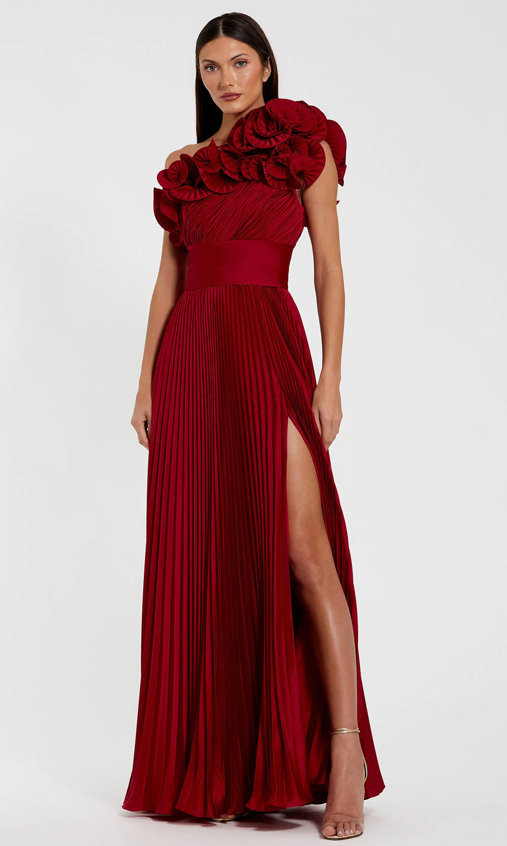 Glamorous A-Line One-Shoulder Floral-Accent-Zip-Back Burgundy Pleated Satin Floor-Length Mother of the Bride Dresses