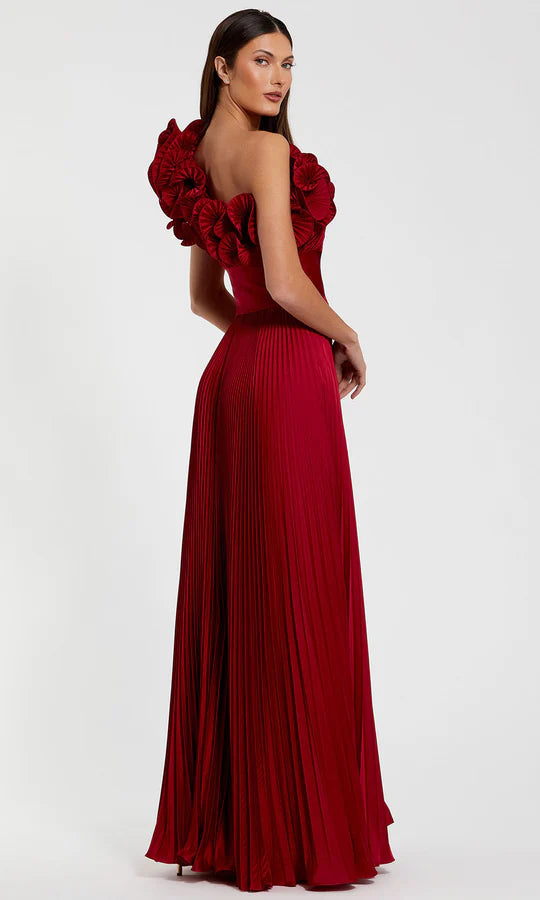 Glamorous A-Line One-Shoulder Floral-Accent-Zip-Back Burgundy Pleated Satin Floor-Length Mother of the Bride Dresses