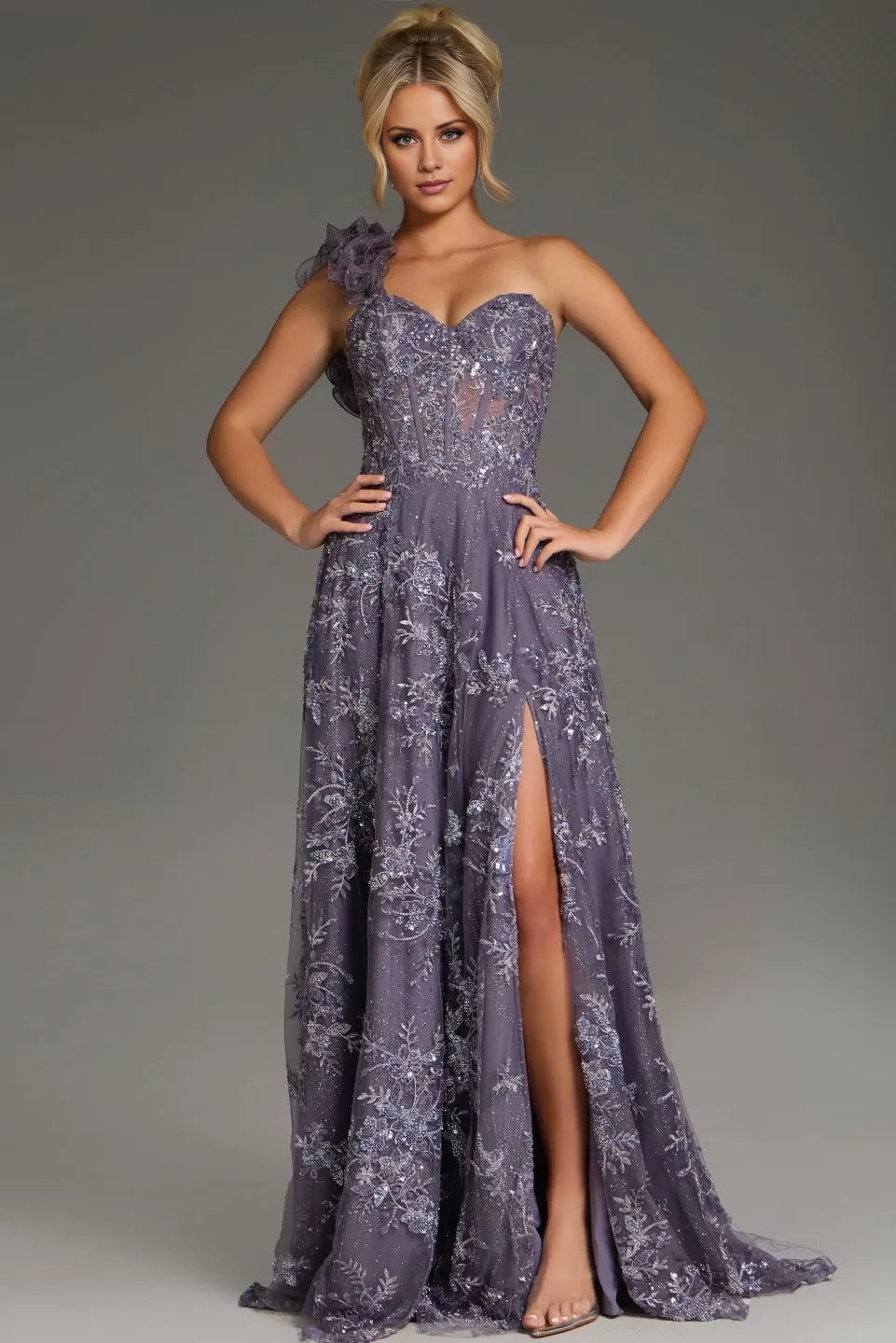 Glamorous A-Line One-Shoulder Floral-Embroidered High-Slit Long Length Evening Dresses