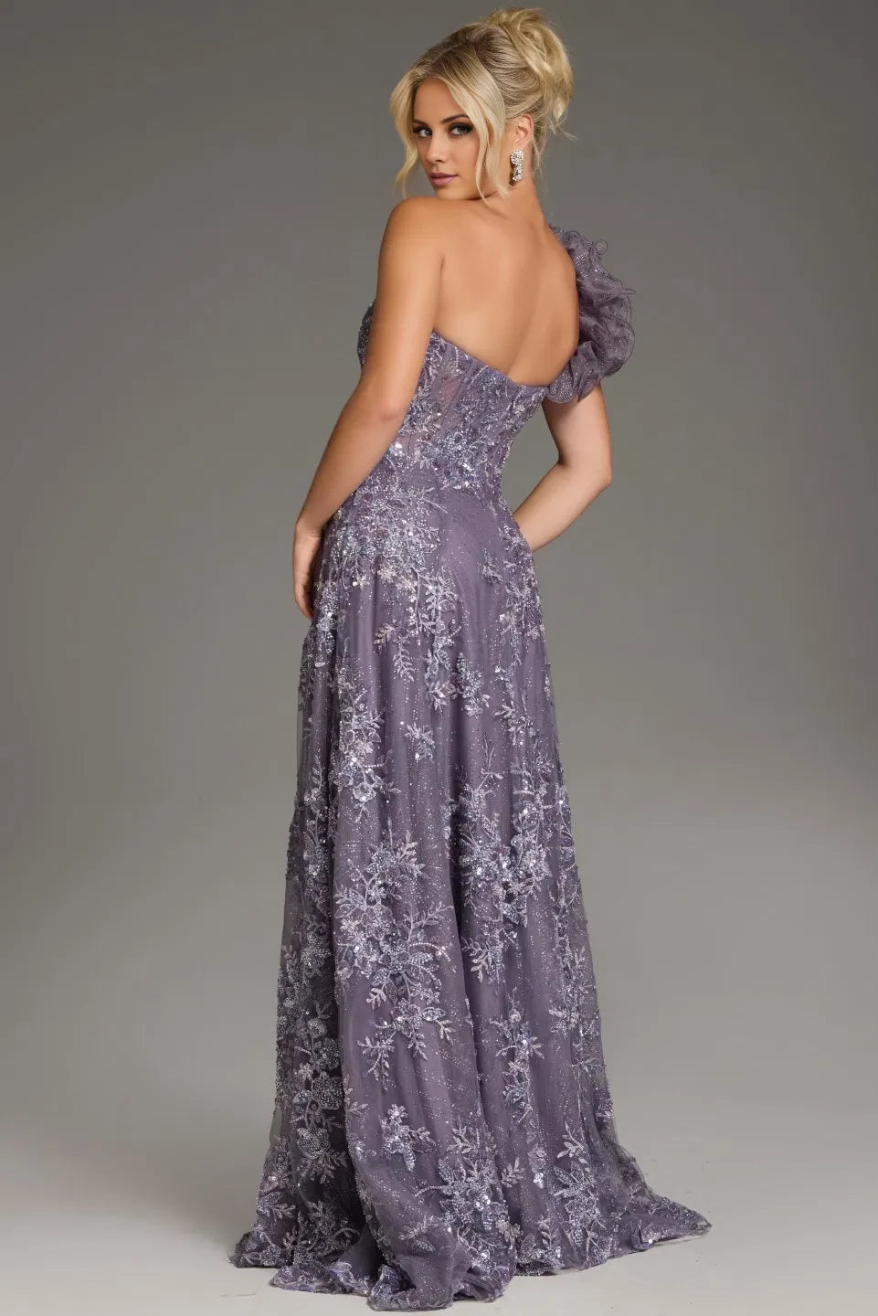 Glamorous A-Line One-Shoulder Floral-Embroidered High-Slit Long Length Evening Dresses