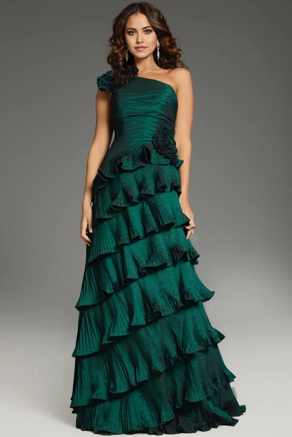 Glamorous A-Line One-Shoulder Floral-Ruffle-Accent Long Length Evening Dresses