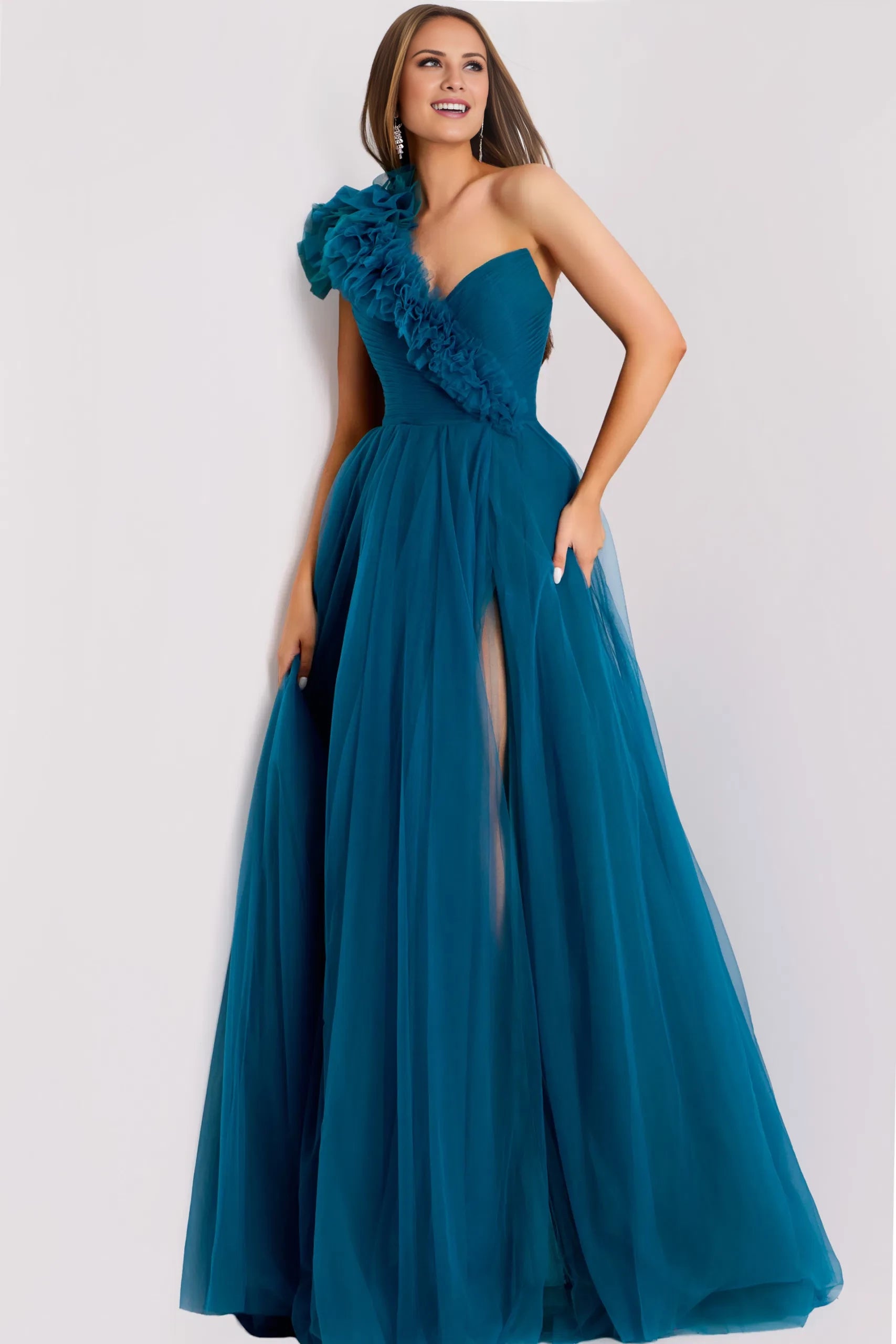 Glamorous A-Line One-Shoulder Ruffle-Accent High-Slit Open-Back Long Length Evening Dresses
