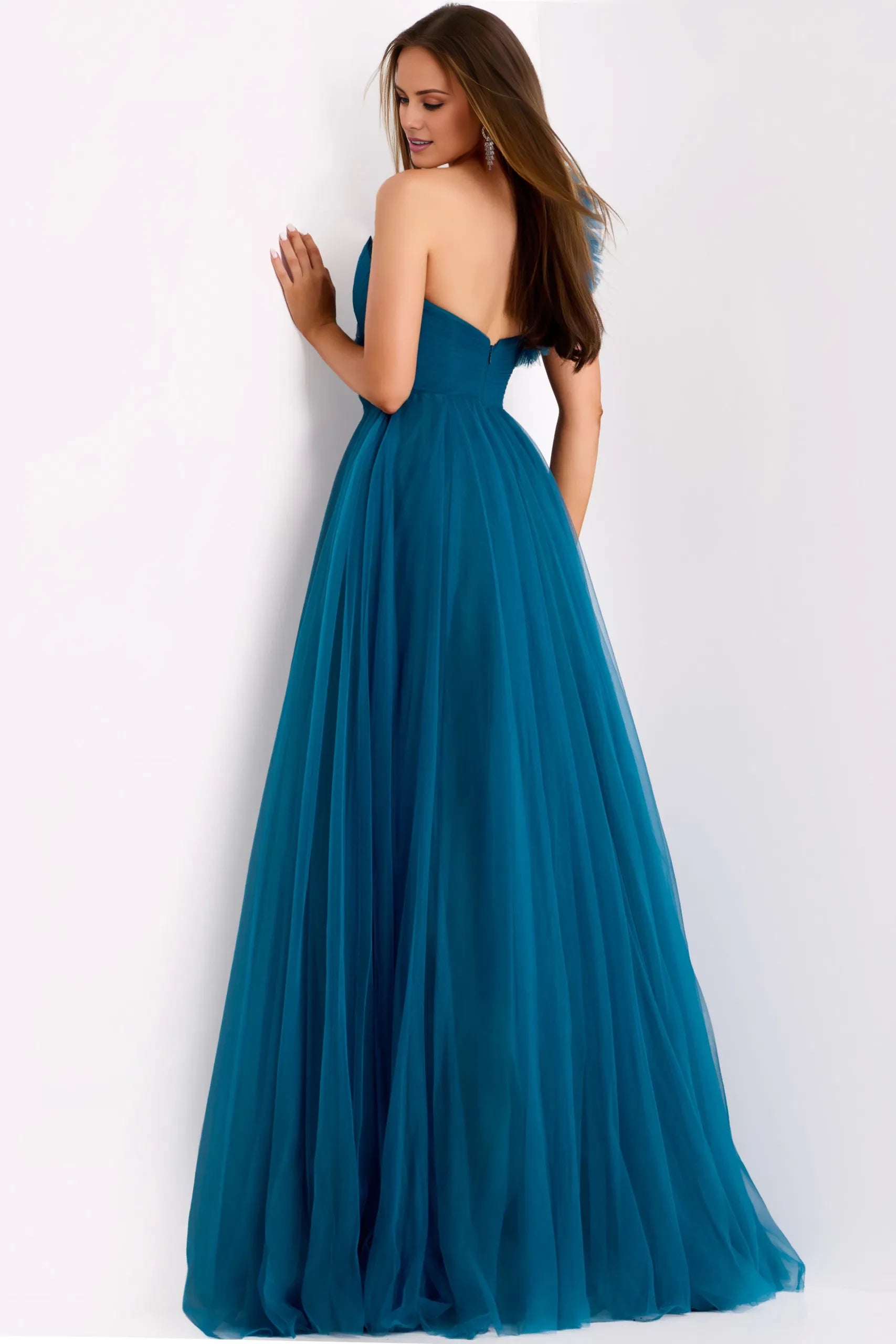 Glamorous A-Line One-Shoulder Ruffle-Accent High-Slit Open-Back Long Length Evening Dresses