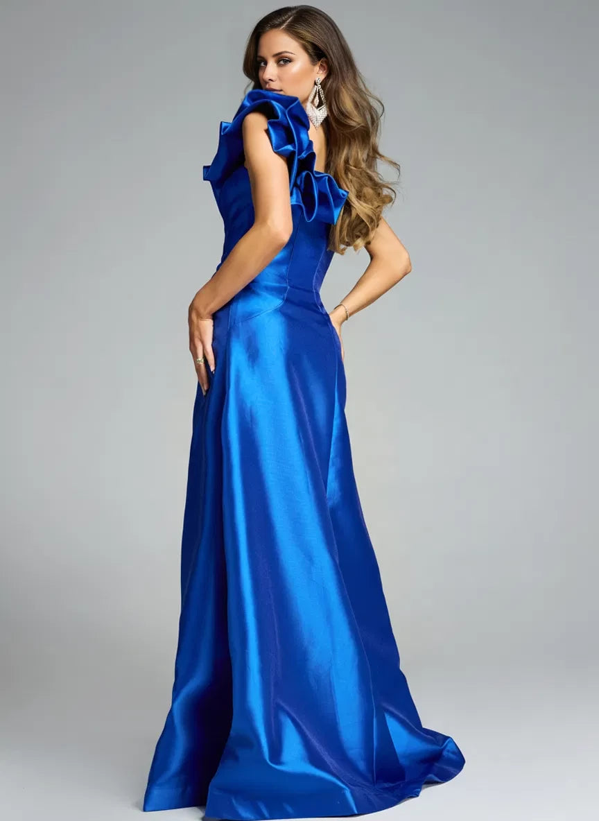 Glamorous A-Line One-Shoulder Ruffle-Accent Satin Long Length Evening Dresses