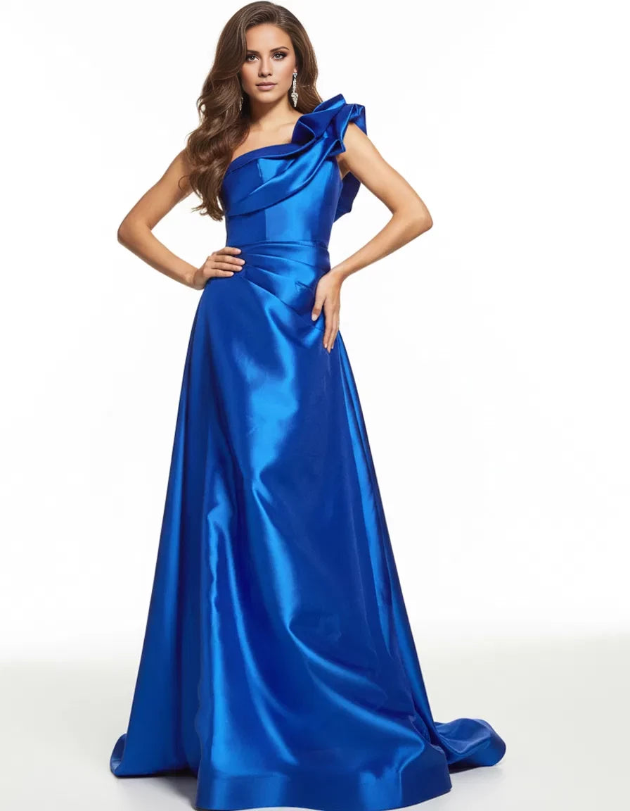 Glamorous A-Line One-Shoulder Ruffle-Accent Satin Long Length Evening Dresses