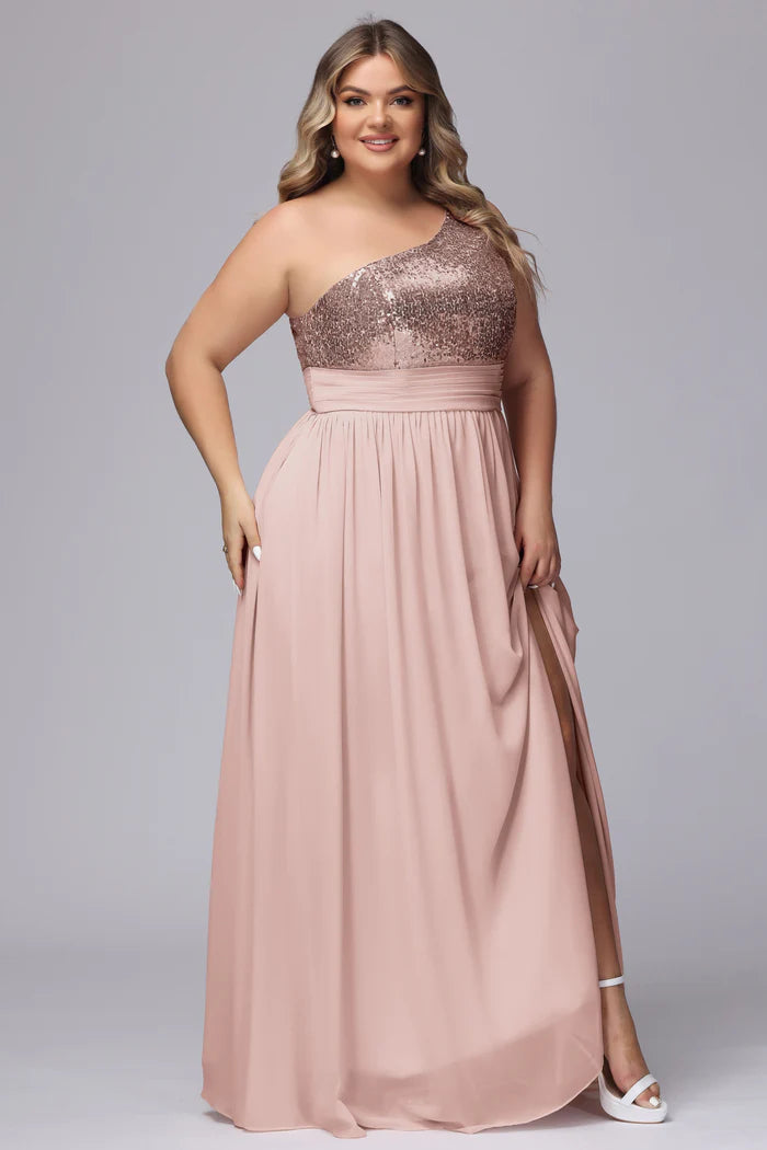Plus Size Glamorous A-Line One-Shoulder Sleeveless Closed-Back Rose Gold Sequin Chiffon Floor-Length Bridesmaid Dresses
