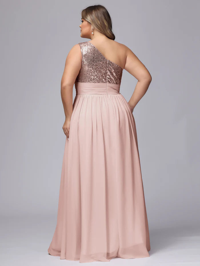Plus Size Glamorous A-Line One-Shoulder Sleeveless Closed-Back Rose Gold Sequin Chiffon Floor-Length Bridesmaid Dresses