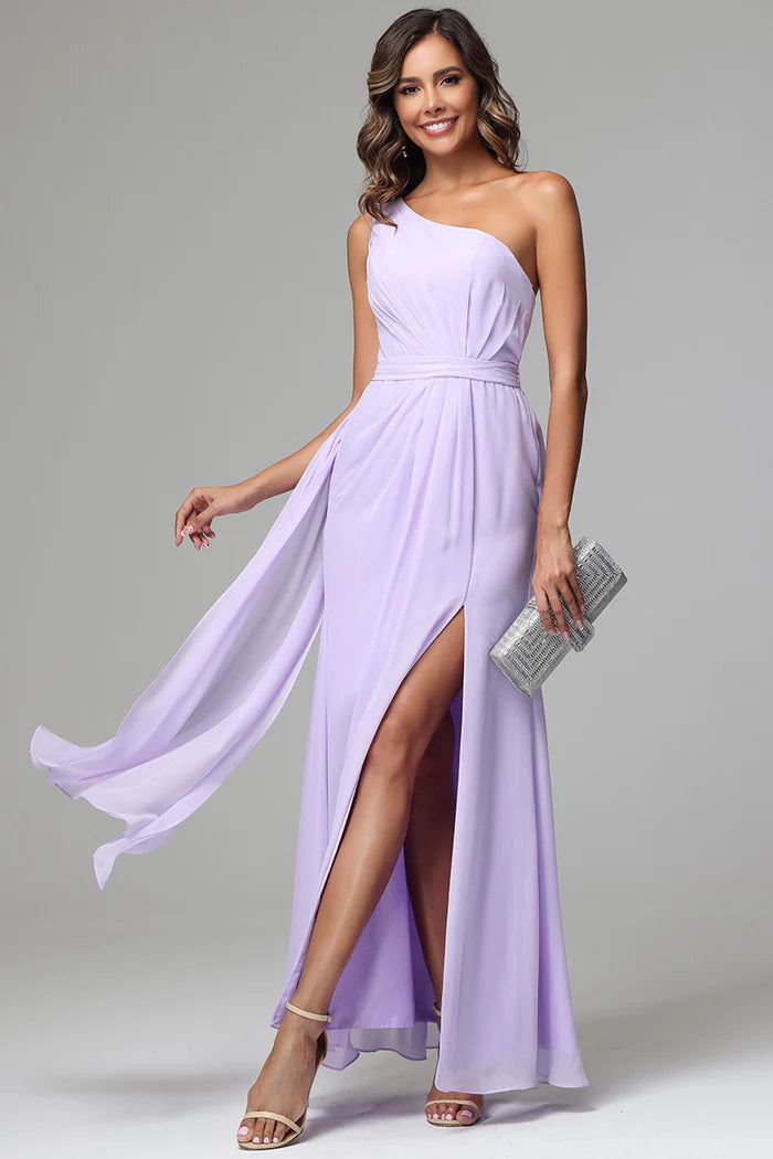 Glamorous A-Line One-Shoulder Sleeveless Open-Back Dusty Lavender Chiffon Floor-Length Bridesmaid Dresses