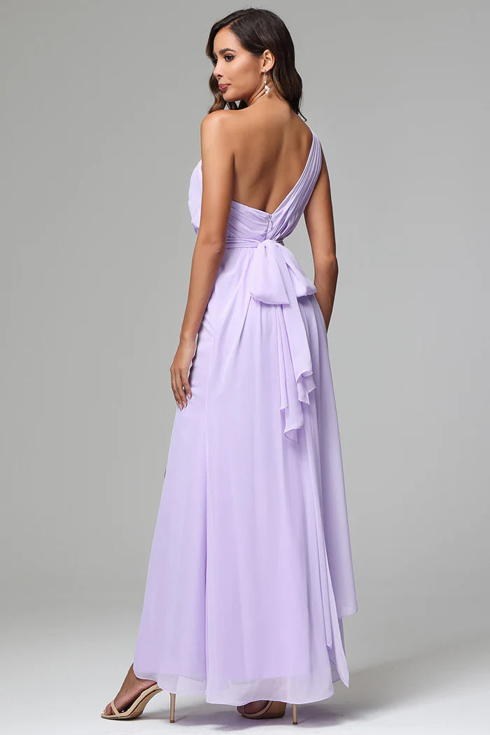 Glamorous A-Line One-Shoulder Sleeveless Open-Back Dusty Lavender Chiffon Floor-Length Bridesmaid Dresses