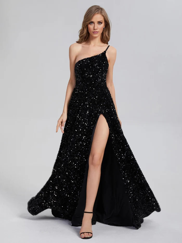 Glamorous A - Line One - Shoulder Sleeveless Zipper Back Long Length Prom Dresses