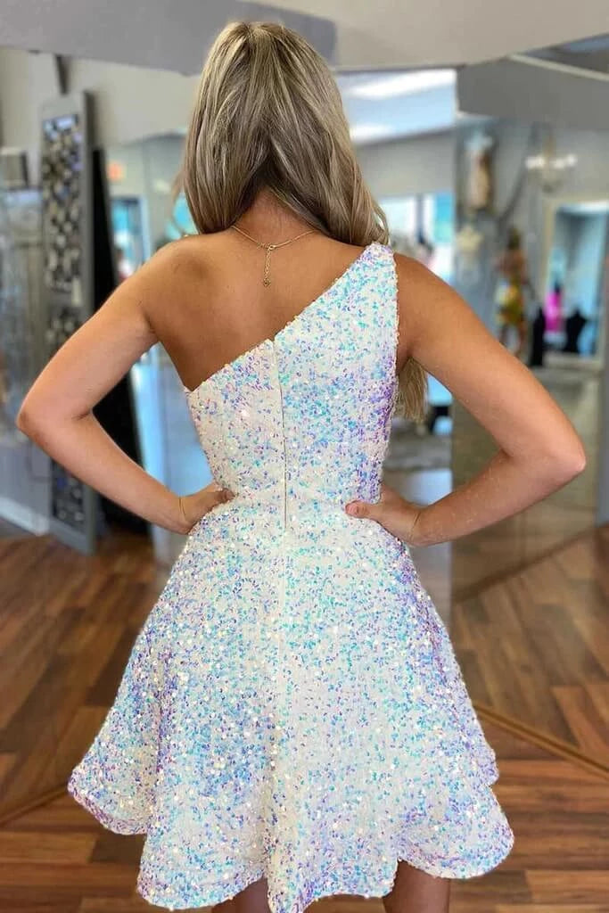 Glamorous A - Line One - Shoulder Sleeveless Zipper Back Mini Length Homecoming Dresses