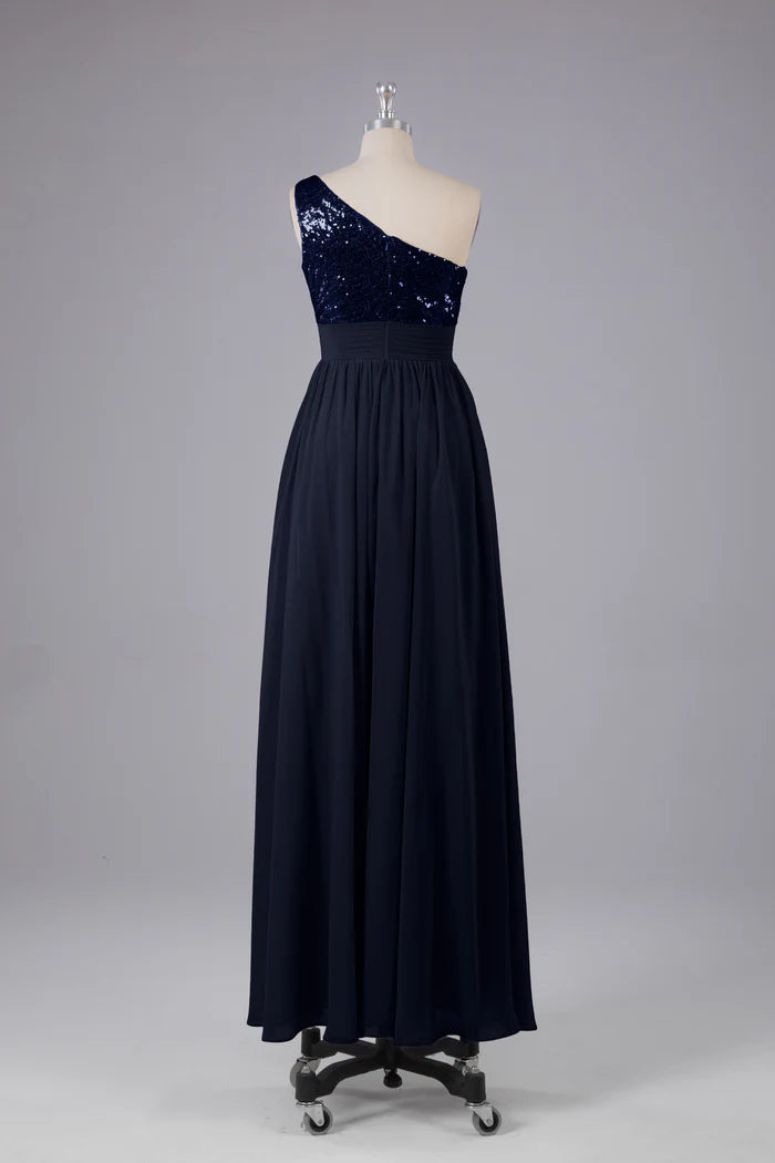Glamorous A-Line One-Shoulder Sleeveless Zipper-Back Sequin Chiffon Floor-Length Bridesmaid Dresses