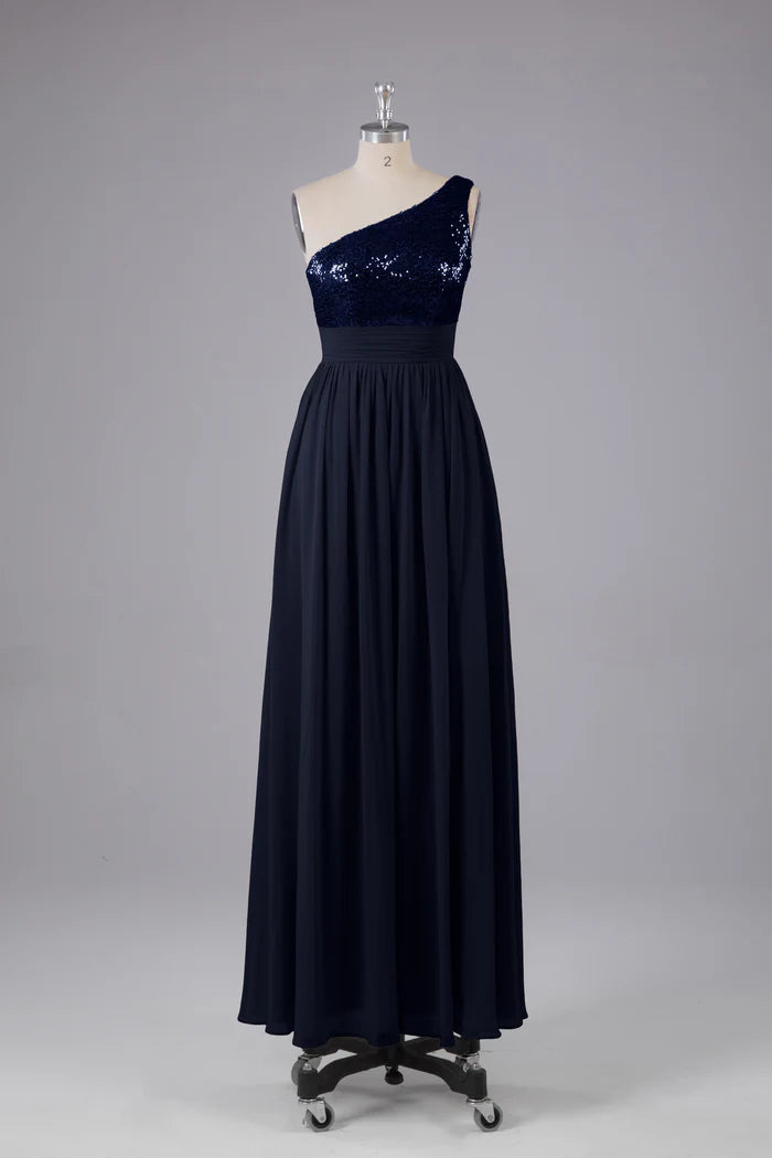 Glamorous A-Line One-Shoulder Sleeveless Zipper-Back Sequin Chiffon Floor-Length Bridesmaid Dresses