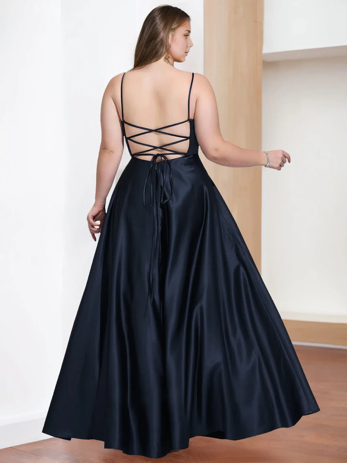 Plus Size Glamorous A - Line Plunge Neck Sleeveless Criss - Cross Back Long Length Prom Dresses