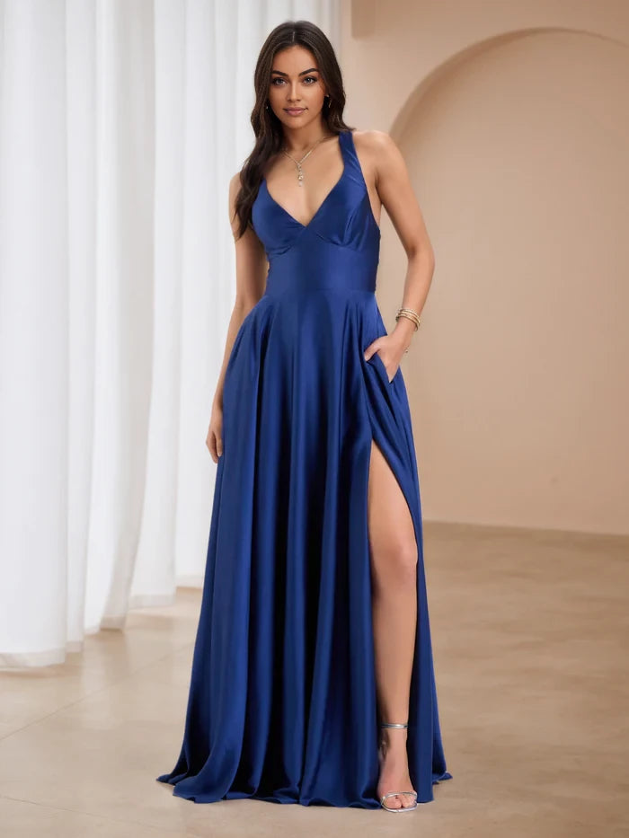 Glamorous A - Line Plunge Neck Sleeveless Lace - Up Back Floor Length Prom Dresses