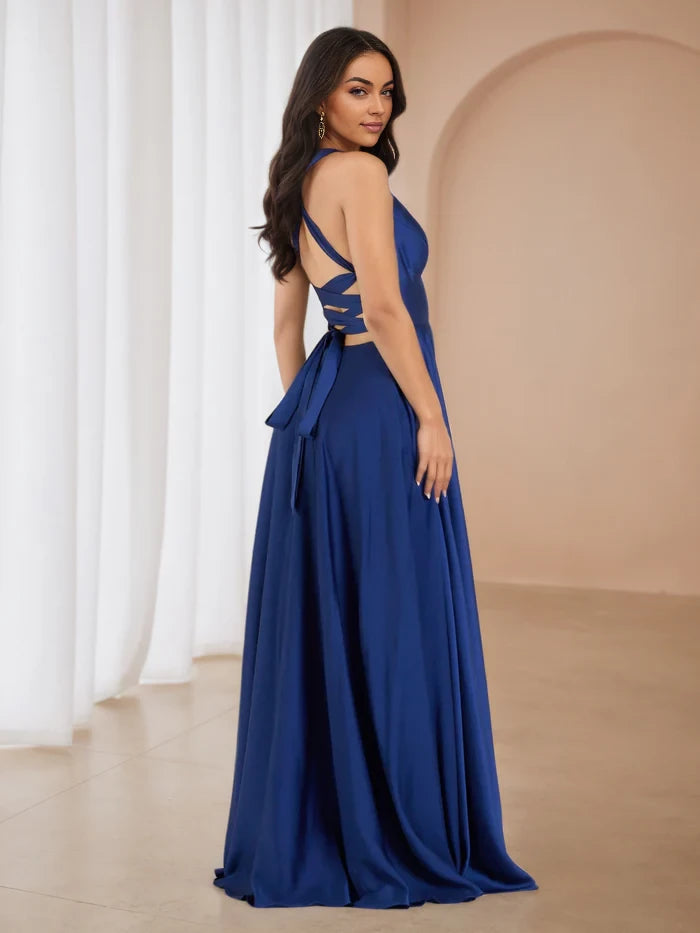 Glamorous A - Line Plunge Neck Sleeveless Lace - Up Back Floor Length Prom Dresses