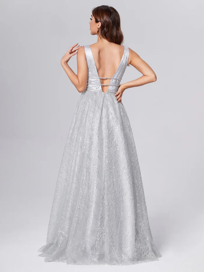 Glamorous A - Line Plunge Neck Sleeveless Lace - Up Back Long Length Prom Dresses