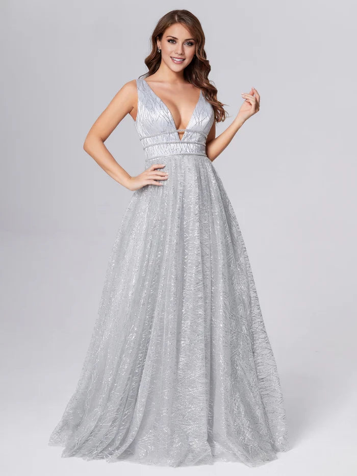 Glamorous A - Line Plunge Neck Sleeveless Lace - Up Back Long Length Prom Dresses
