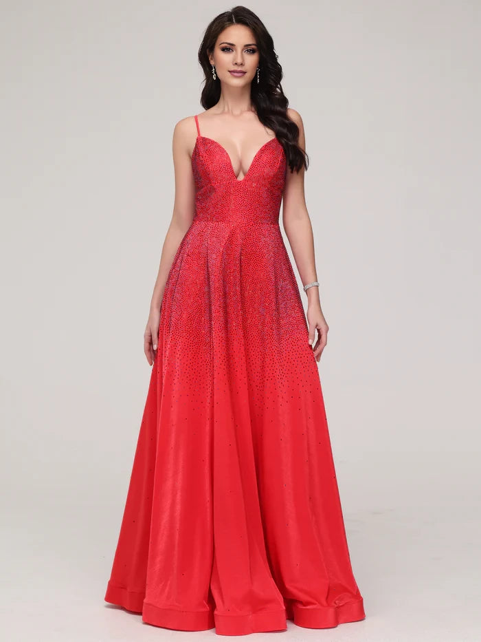 Glamorous A - Line Plunge Neck Spaghetti Strap Lace - Up Back Long Length Prom Dresses