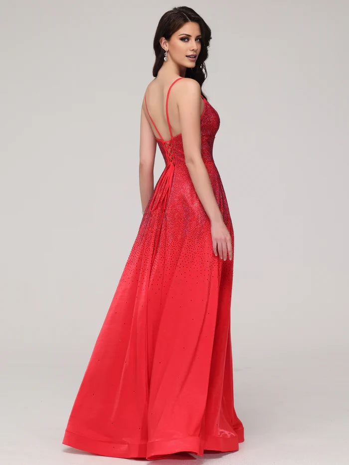 Glamorous A - Line Plunge Neck Spaghetti Strap Lace - Up Back Long Length Prom Dresses
