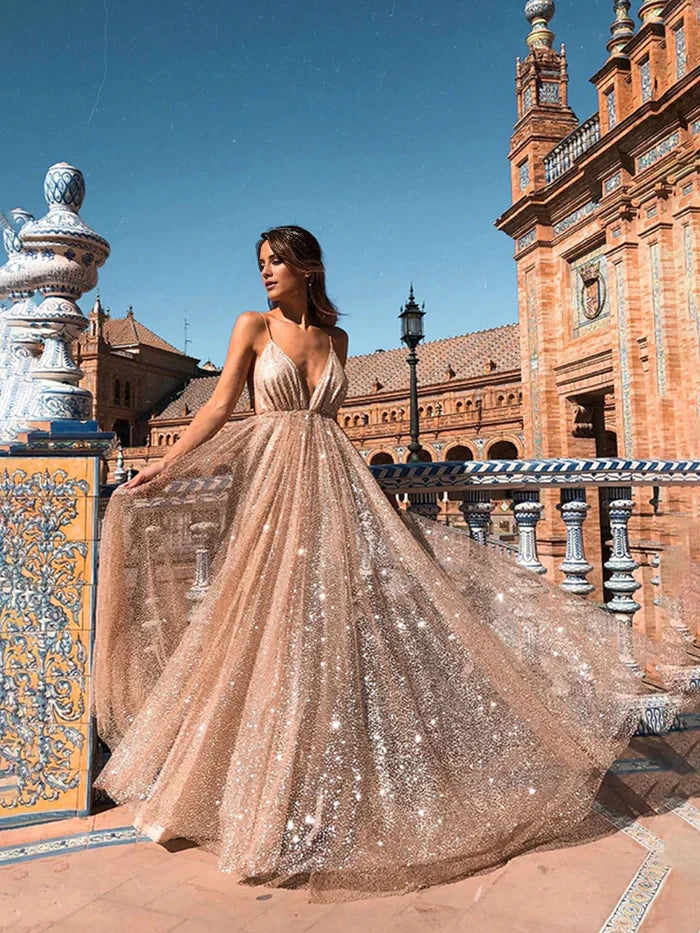 Glamorous A - Line Plunge Neck Spaghetti Strap Open Back Long Length Prom Dresses