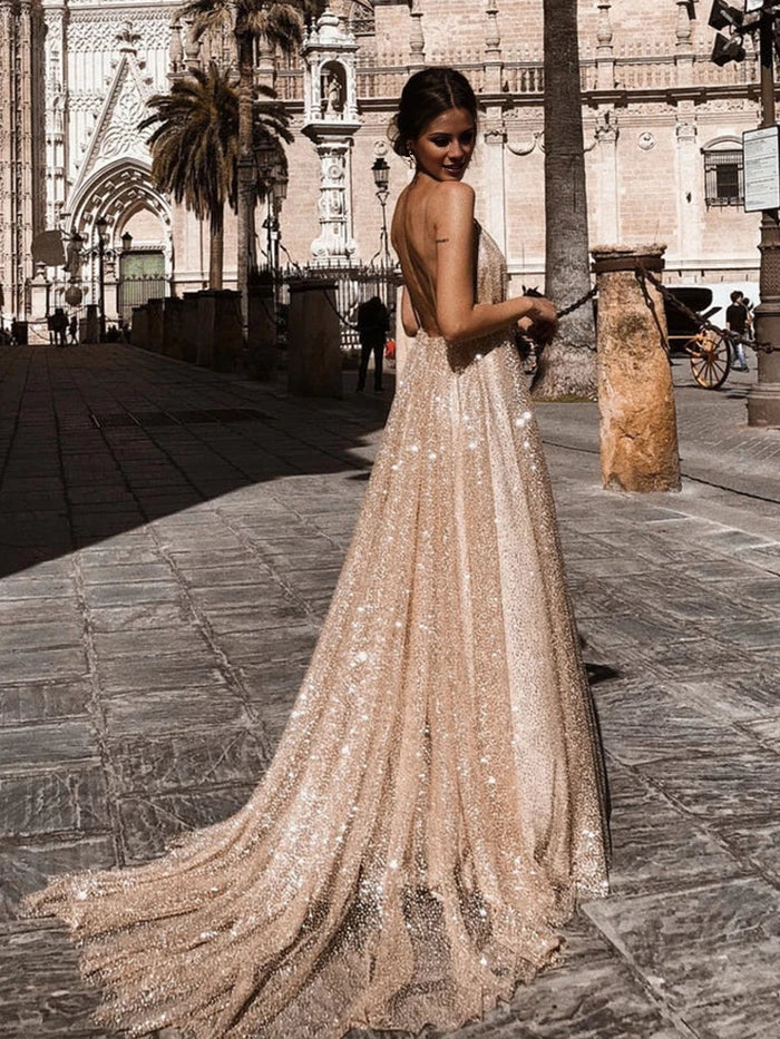 Glamorous A - Line Plunge Neck Spaghetti Strap Open Back Long Length Prom Dresses