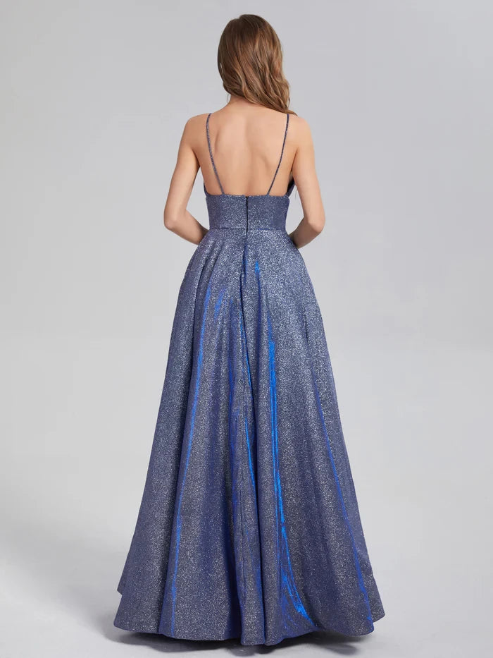 Glamorous A - Line Plunge Neck Spaghetti Strap Zipper Back Long Length Prom Dresses