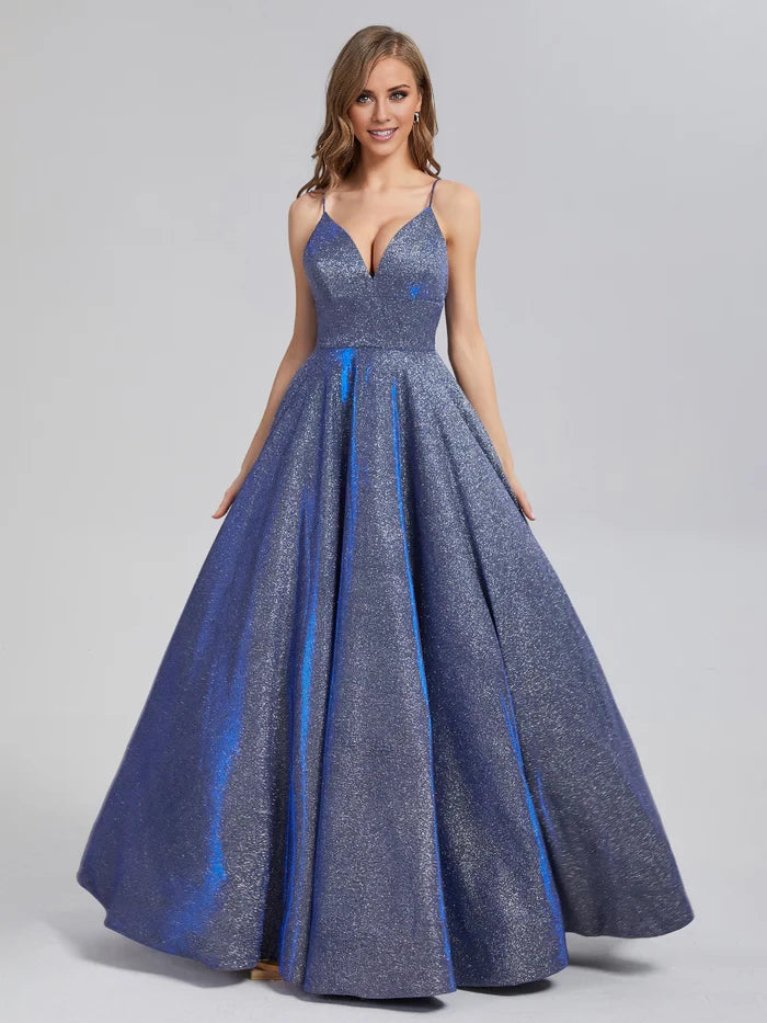 Glamorous A - Line Plunge Neck Spaghetti Strap Zipper Back Long Length Prom Dresses