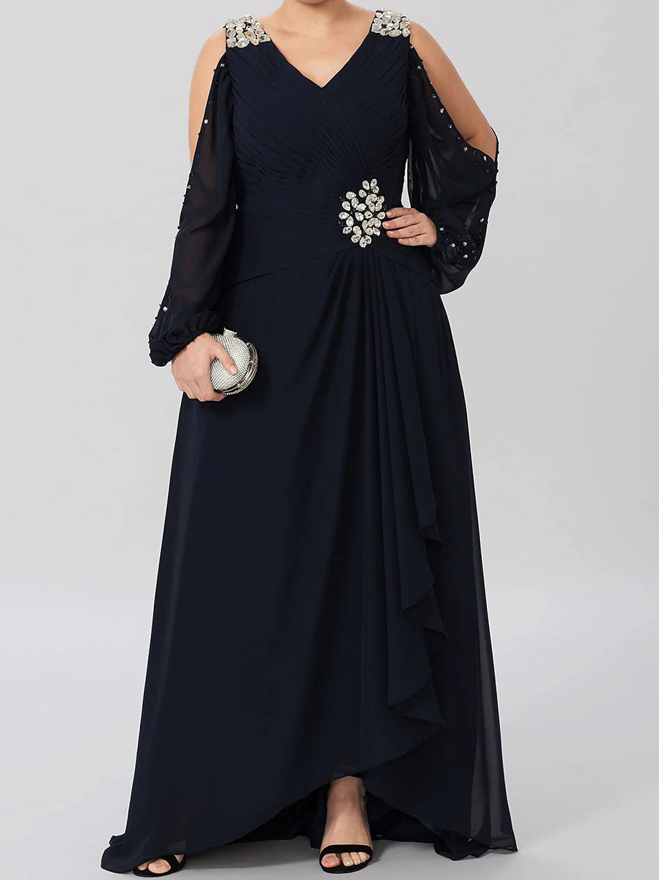 Glamorous A - Line Plunging V - Neck Cold - Shoulder Long - Sleeve Zipper Back High - Low Mother of the Bride Dresses