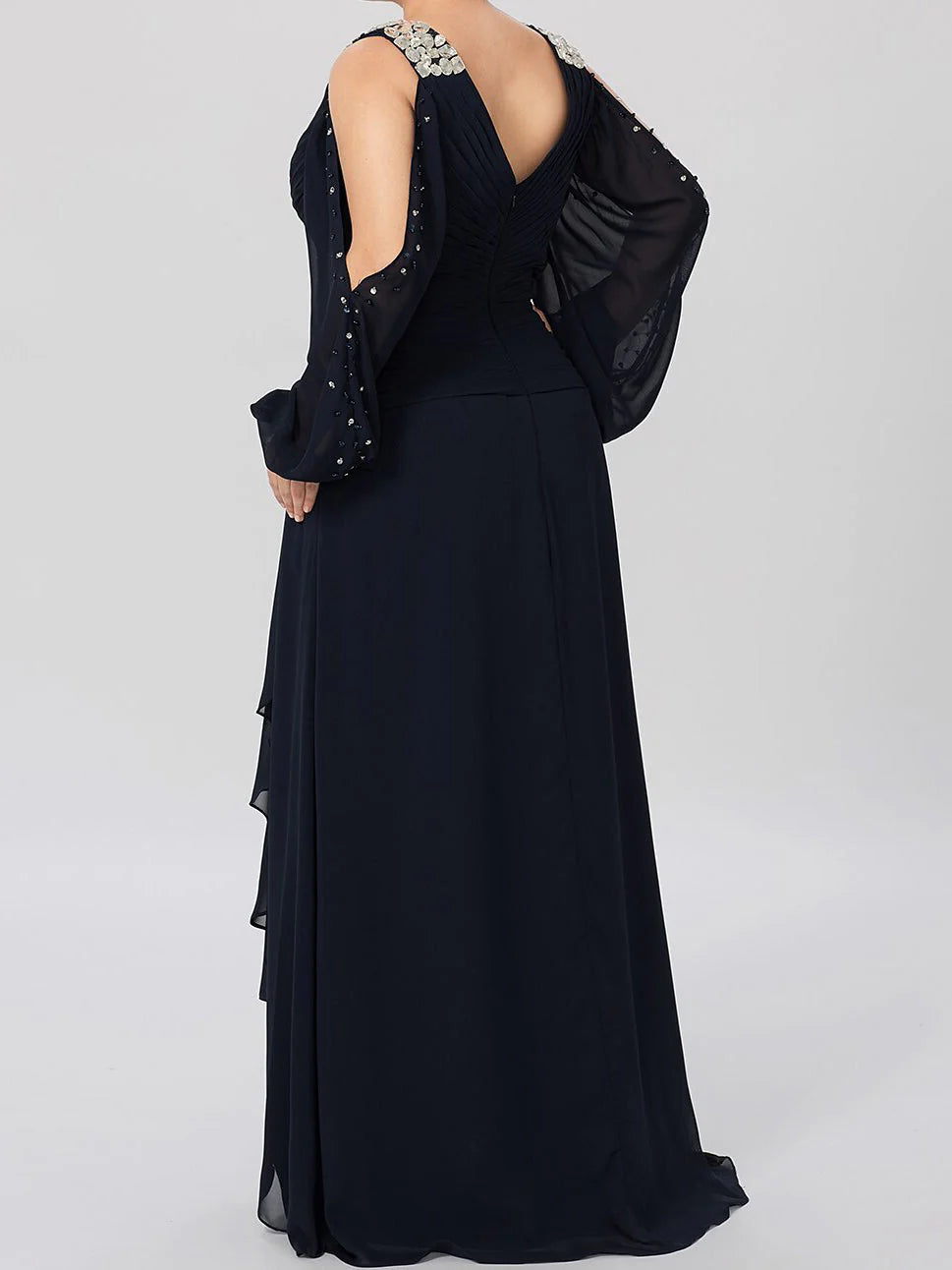 Glamorous A - Line Plunging V - Neck Cold - Shoulder Long - Sleeve Zipper Back High - Low Mother of the Bride Dresses