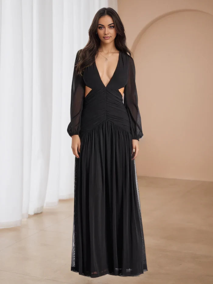 Glamorous A - Line Plunging V - Neck Long Sleeve Zipper Back Floor Length Prom Dresses
