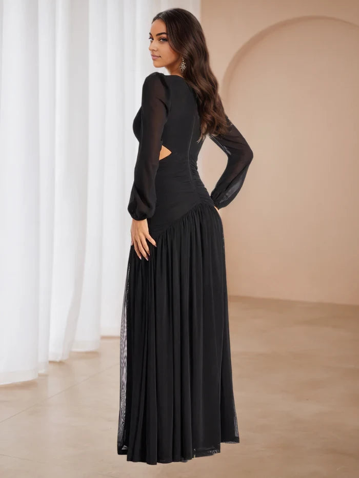 Glamorous A - Line Plunging V - Neck Long Sleeve Zipper Back Floor Length Prom Dresses
