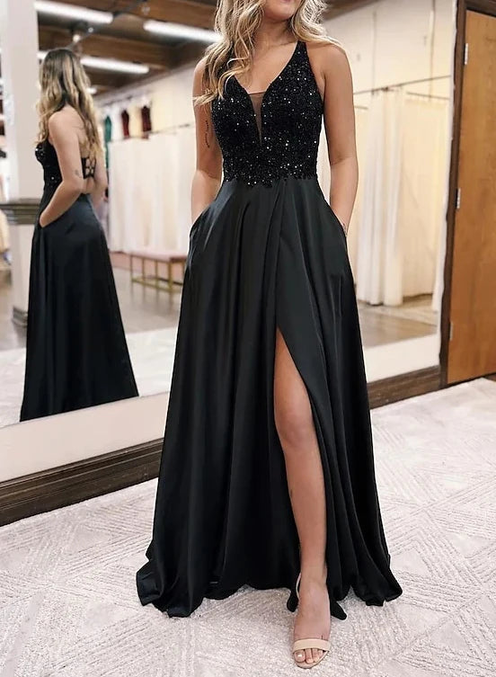 Glamorous A - Line Plunging V - Neck Sleeveless Criss - Cross Back Floor - Length Evening Gown