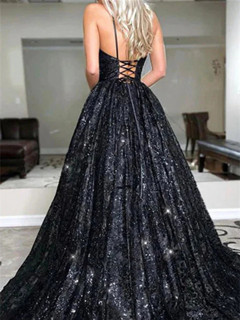 Glamorous A - Line Plunging V - Neck Sleeveless Lace - Up Back Floor - Length Evening Gown