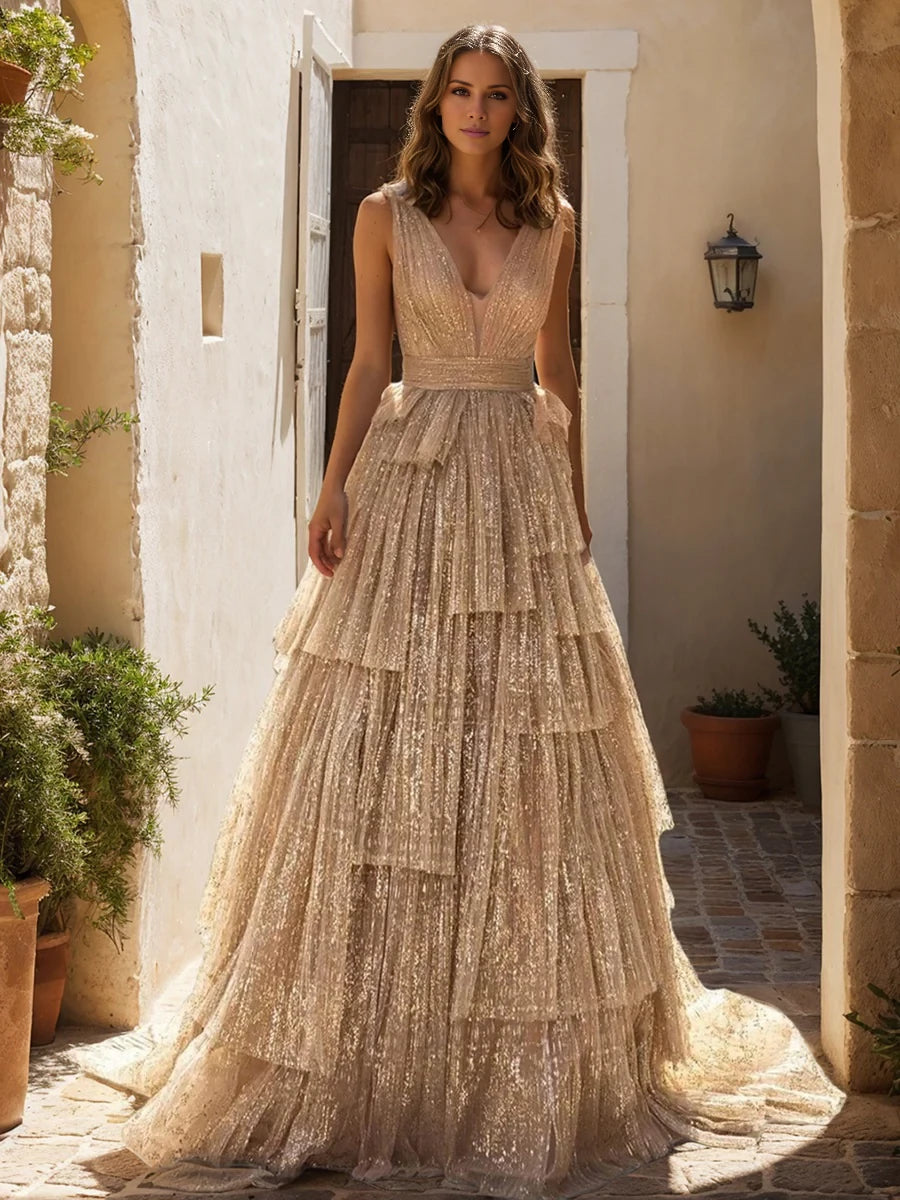 Glamorous A Line Plunging V Neck Sleeveless Open Back Floor Length Evening Gown