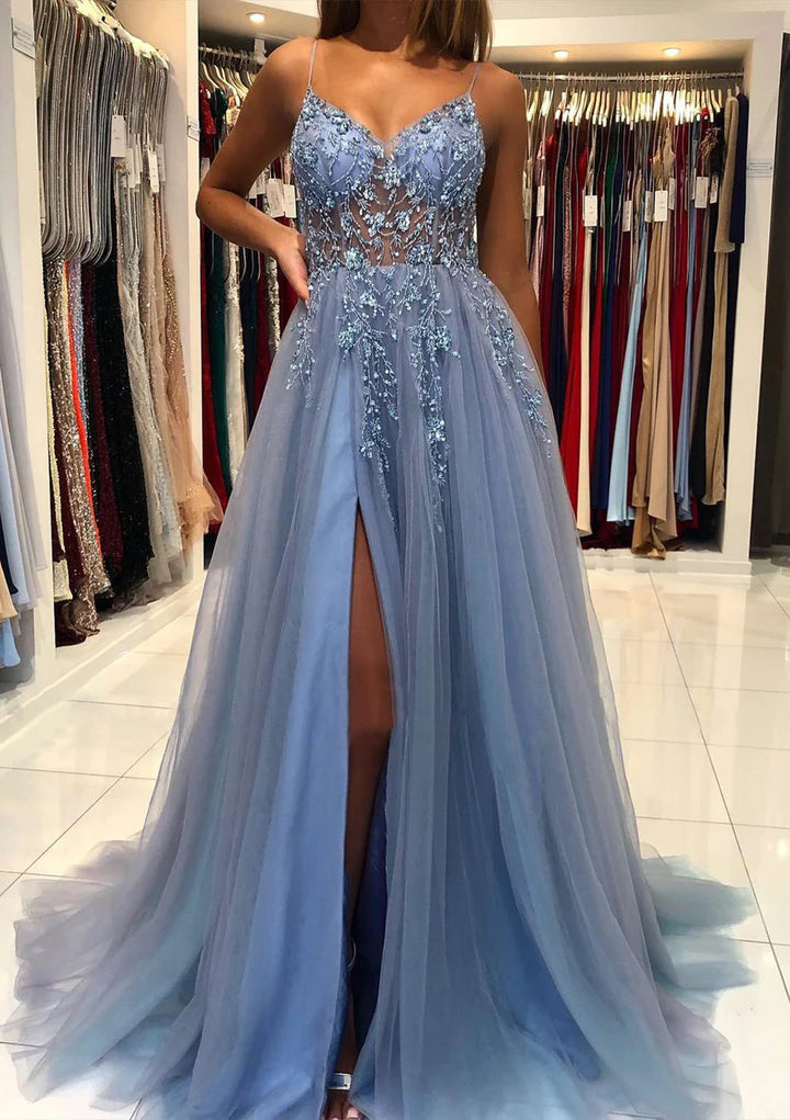 Glamorous A - Line Plunging V - Neck Sleeveless Open - Back Floor - Length Evening Gown