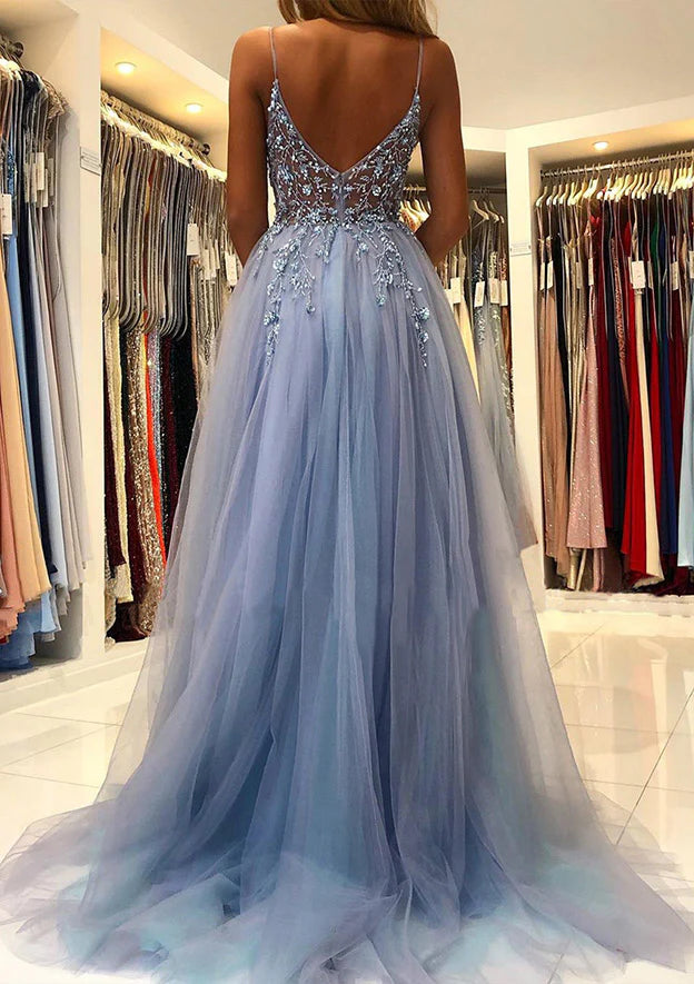 Glamorous A - Line Plunging V - Neck Sleeveless Open - Back Floor - Length Evening Gown