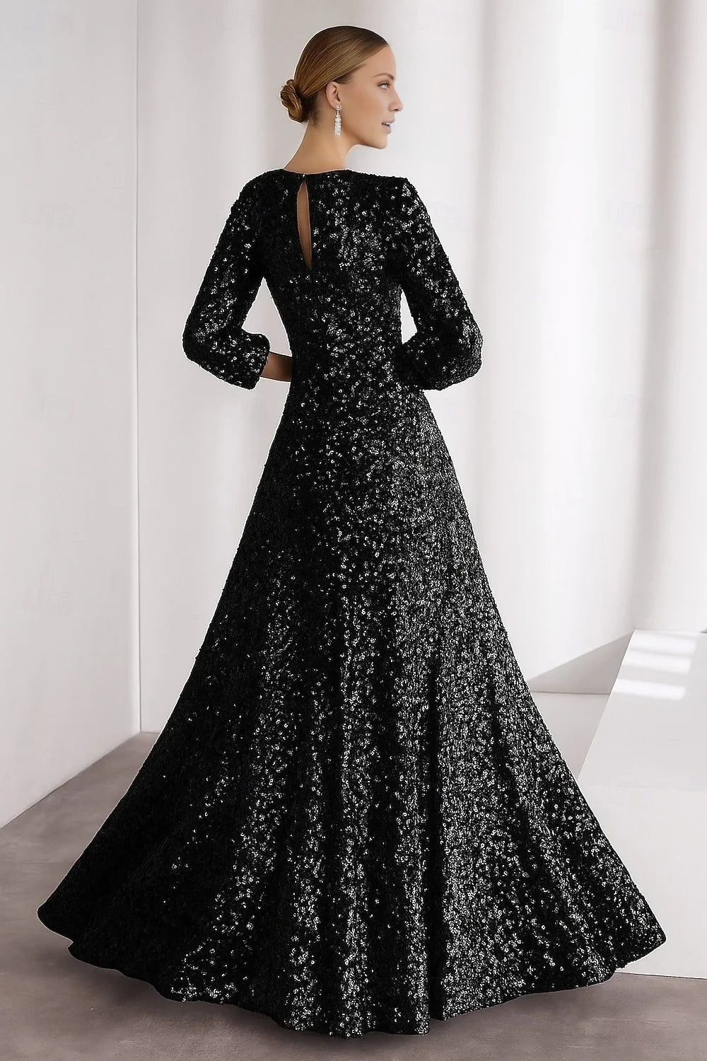 Glamorous A - Line Plunging V - Neck Three - Quarter Sleeve Keyhole Back Floor - Length Evening Gown