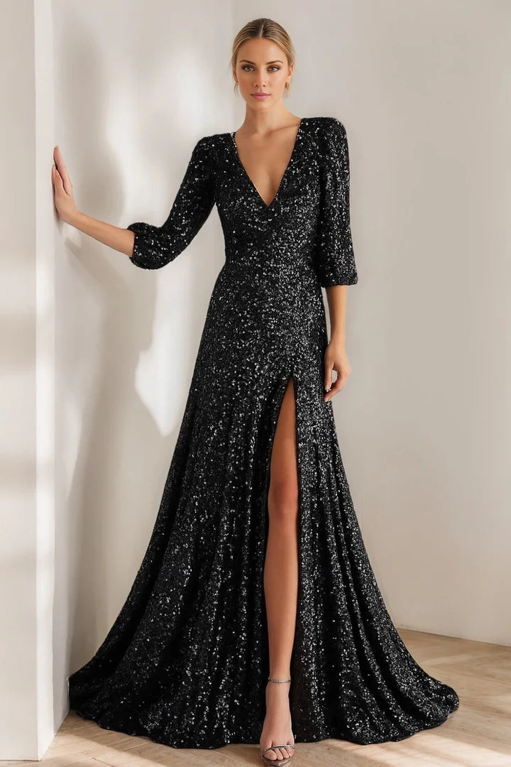 Glamorous A - Line Plunging V - Neck Three - Quarter Sleeve Keyhole Back Floor - Length Evening Gown