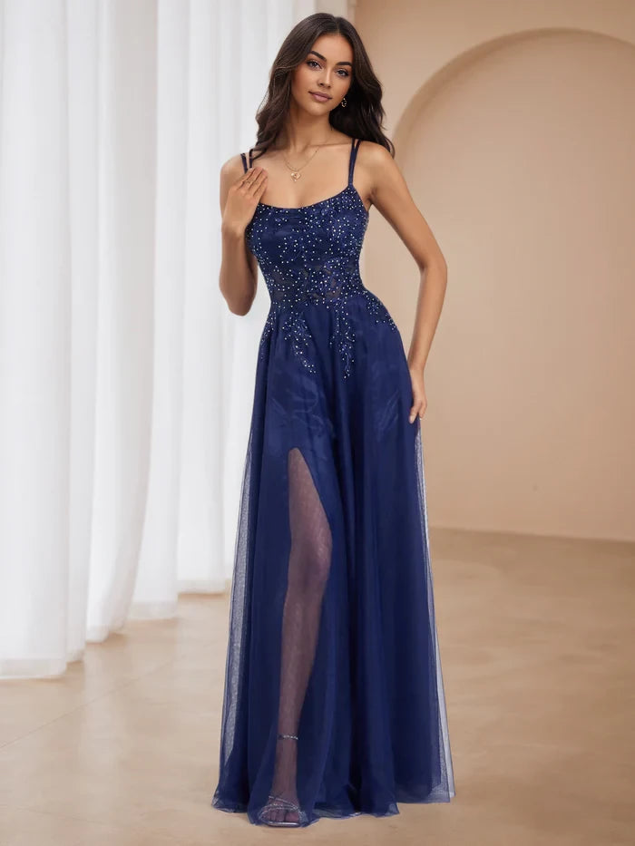 Glamorous A - Line Scoop Neck Sleeveless Lace - Up Back Floor Length Prom Dresses