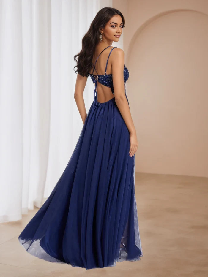 Glamorous A - Line Scoop Neck Sleeveless Lace - Up Back Floor Length Prom Dresses