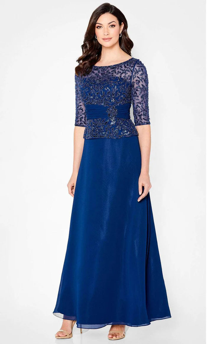 Glamorous A-Line Scoop-Neck Three-Quarter-Sleeve Beaded-Lace Royal Blue Chiffon Floor-Length Mother of the Bride Dresses
